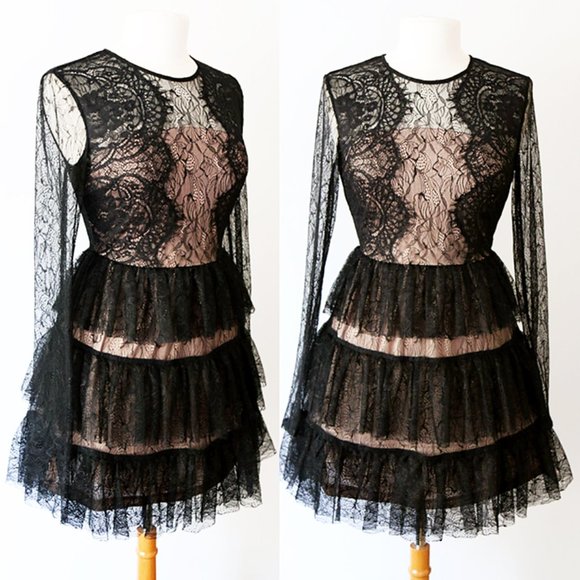 DO+BE Dresses & Skirts - Black Lace Overlay Tiered Ruffle Romantic Dress